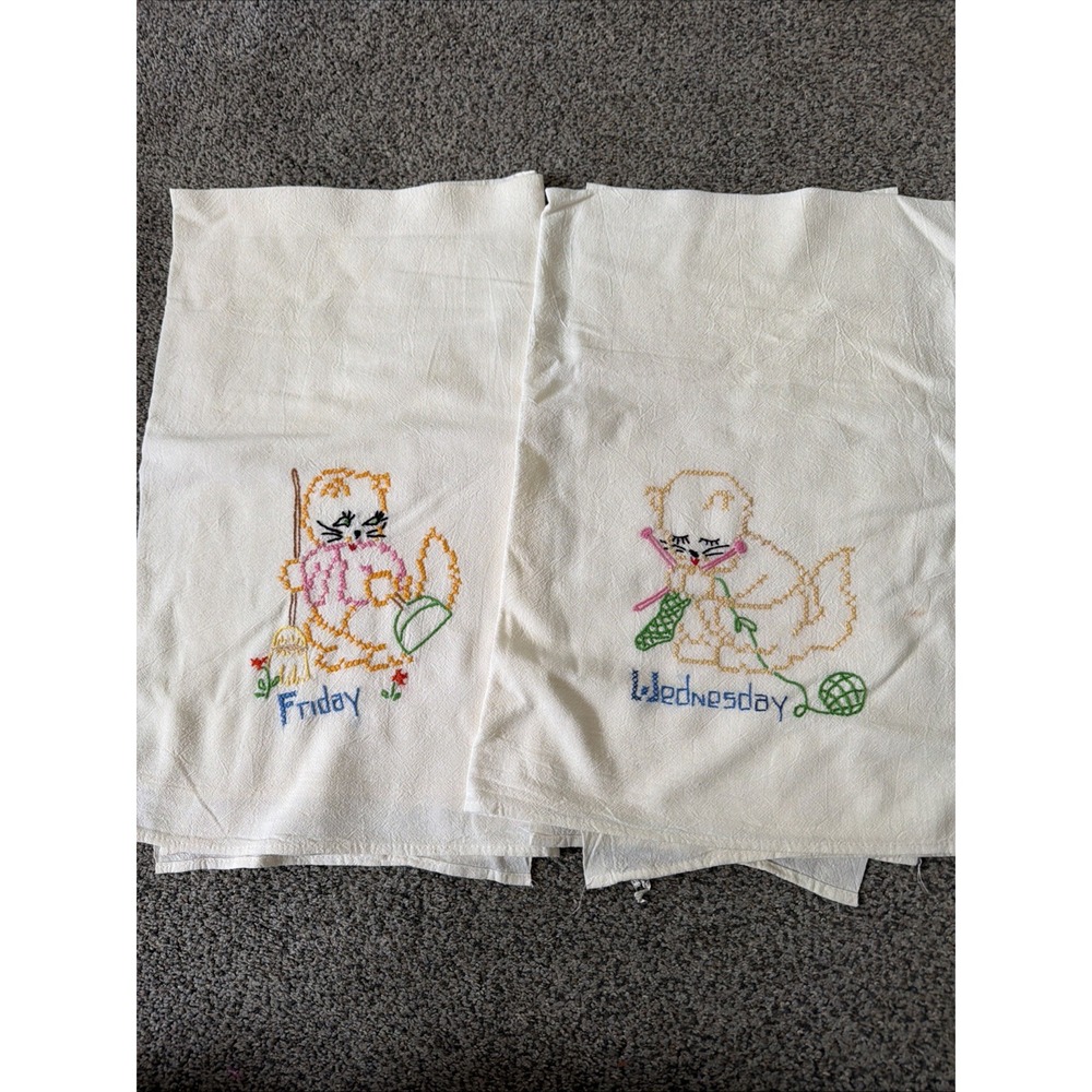 Vtg Pair Of 2 Hand Embroidered Cat Themed Flour Sack Towels Wednesday & Friday